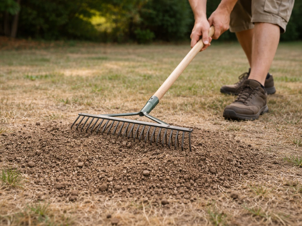 Anonieme tuinier die een mierenhoop plat harkt, met verspreide aarde op droog gazon.