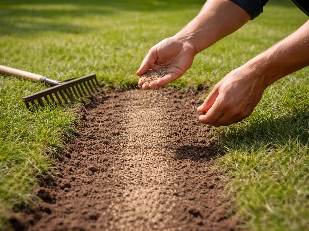 Handen die kale grasplek licht inharken en reparatiegraszaad inzaaien in een eenvoudige tuinstrook.