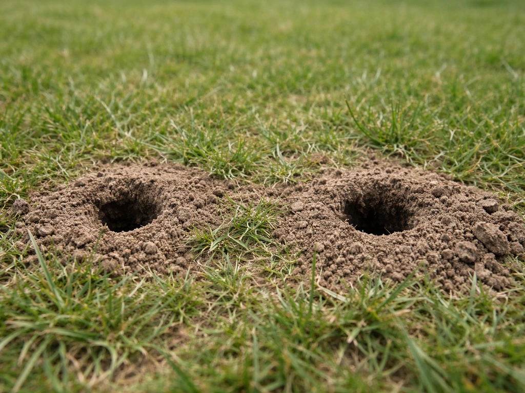 Close-up van ronde ingangsgaten en een los aardehoopje in een gazon, duidelijk zichtbare woelmuis-schade.