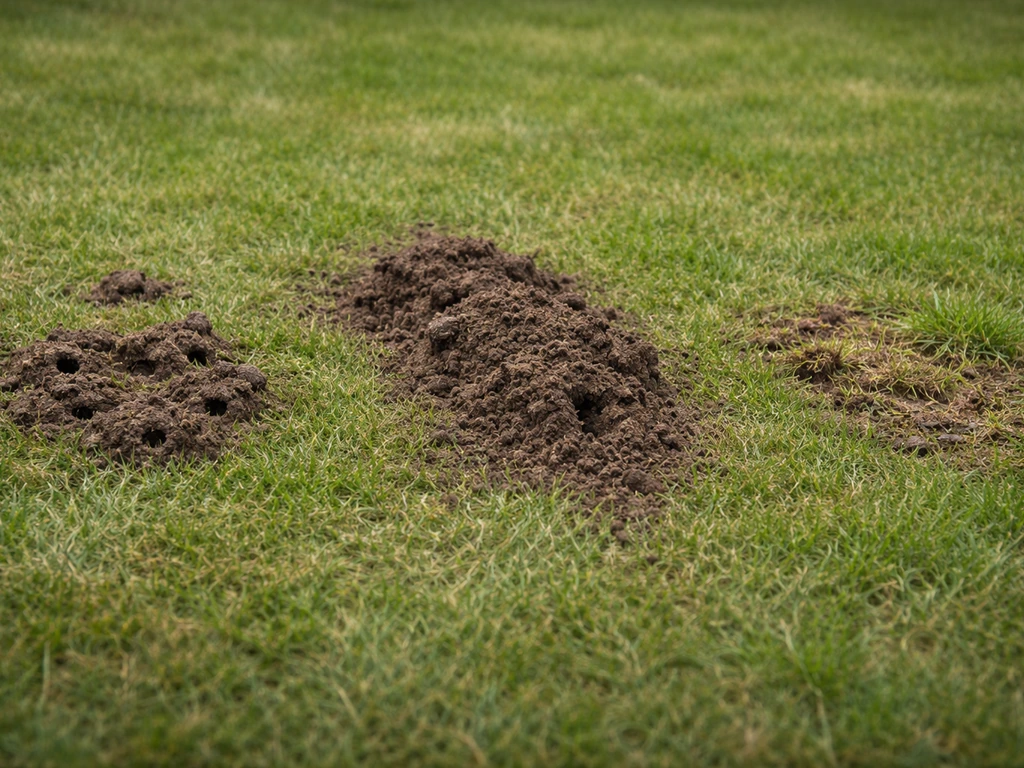 Close-up van gras met drie verschillende sporen: kleine woelmuisgaatjes, grotere mol-heuvels en een afwijkend patroon re