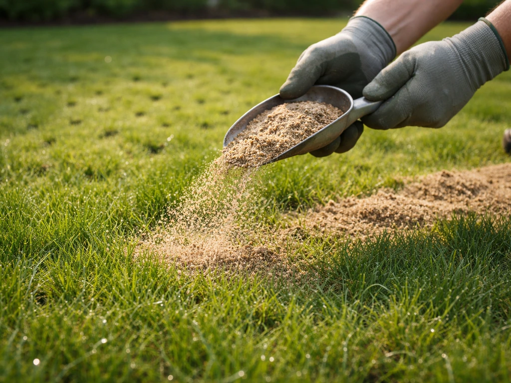 Hand strooit dunne topdressing over vers geprikt gazon; waterdruppels op gras, egale en verzorgde tuinlook.