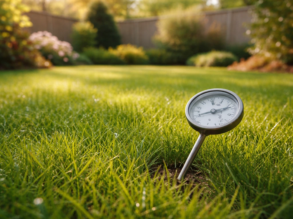 Groen gazon in voorjaar met een handmatige bodemthermometer in het gras als indicatie rond 10°C.