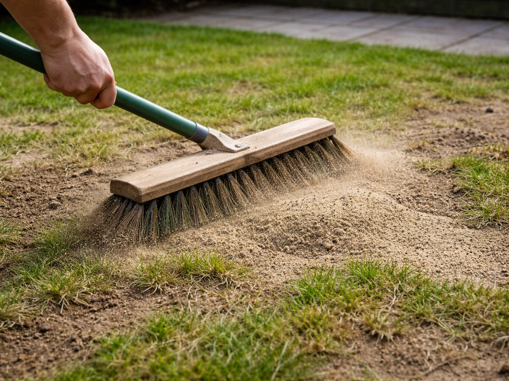 Tuinier veegt zandhopen weg met harkkam; aarde wordt over een beschadigd gazon verspreid.