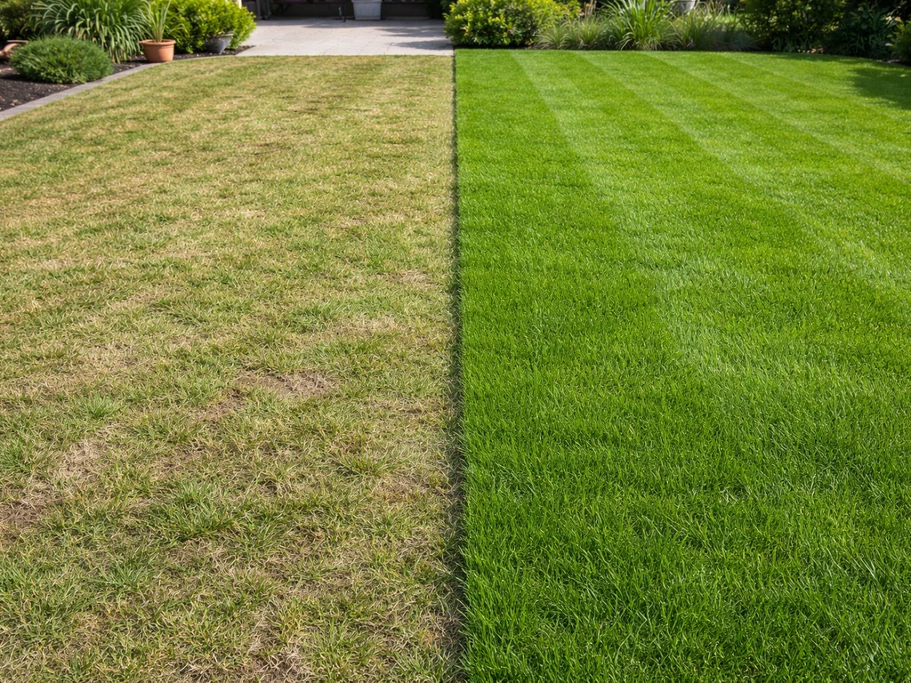 Twee zones in hetzelfde gazon: links te kort en uitgedroogd, rechts gezond en dichter gras op juiste maaihoogte.