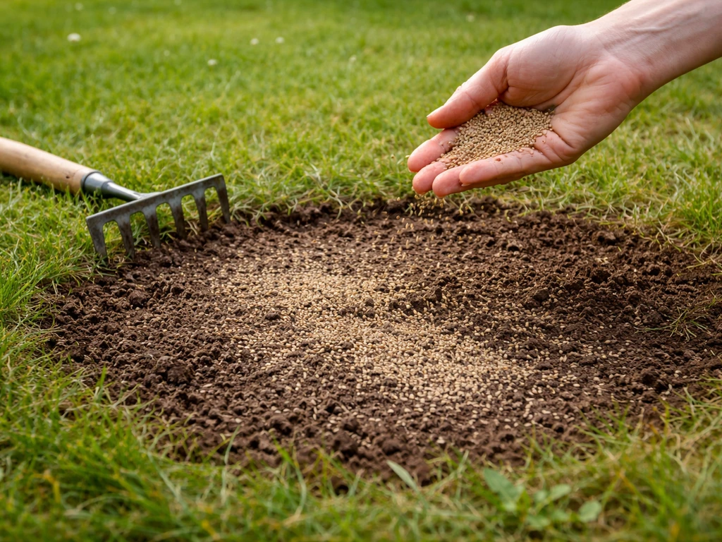 Hand die graszaad uitstrooit op een kale plek in de tuin, licht afgedekt met aarde en harken.