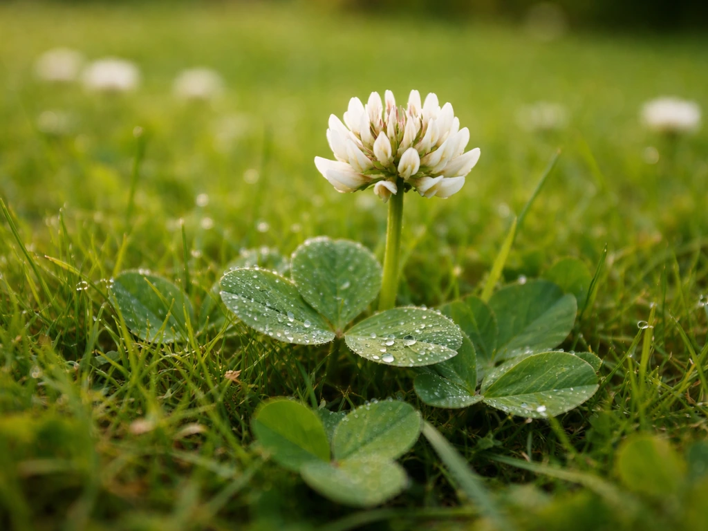 Witte klaver tussen het gazon, met dauwdruppels en zacht onscherpe achtergrond in natuurlijk licht.