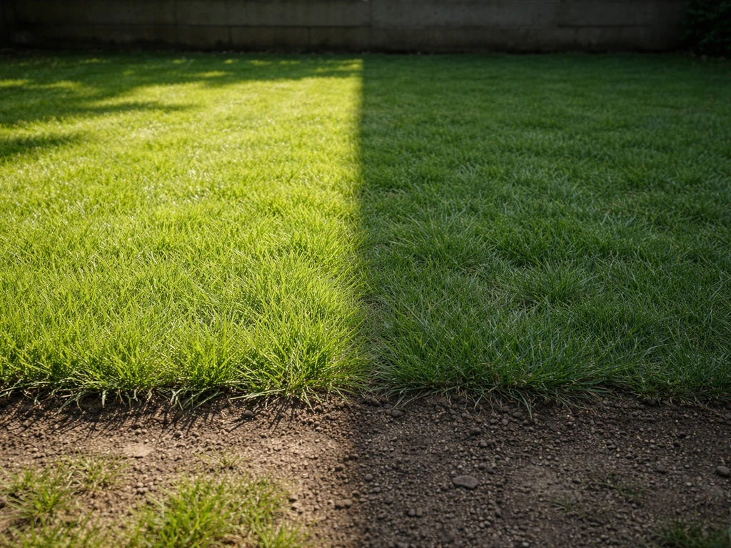 Simpele tuinopname met gras in zon en schaduw en een duidelijk verschil in bodemstructuur en dichtheid
