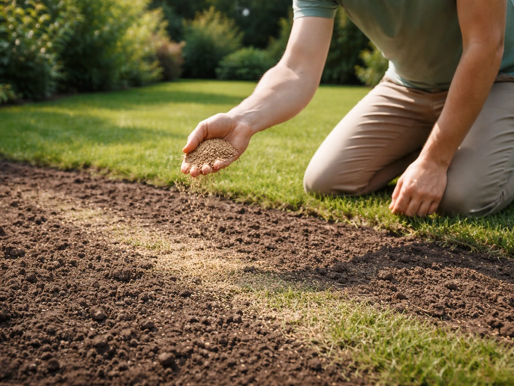 Persoon strooit nieuw graszaad op een open, bewerkt gazon met kale plekken in de tuin.
