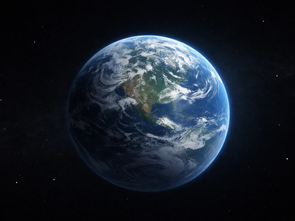 Wide space view of Earth with subtle atmospheric glow and faint orbiting satellites, showing stable size.