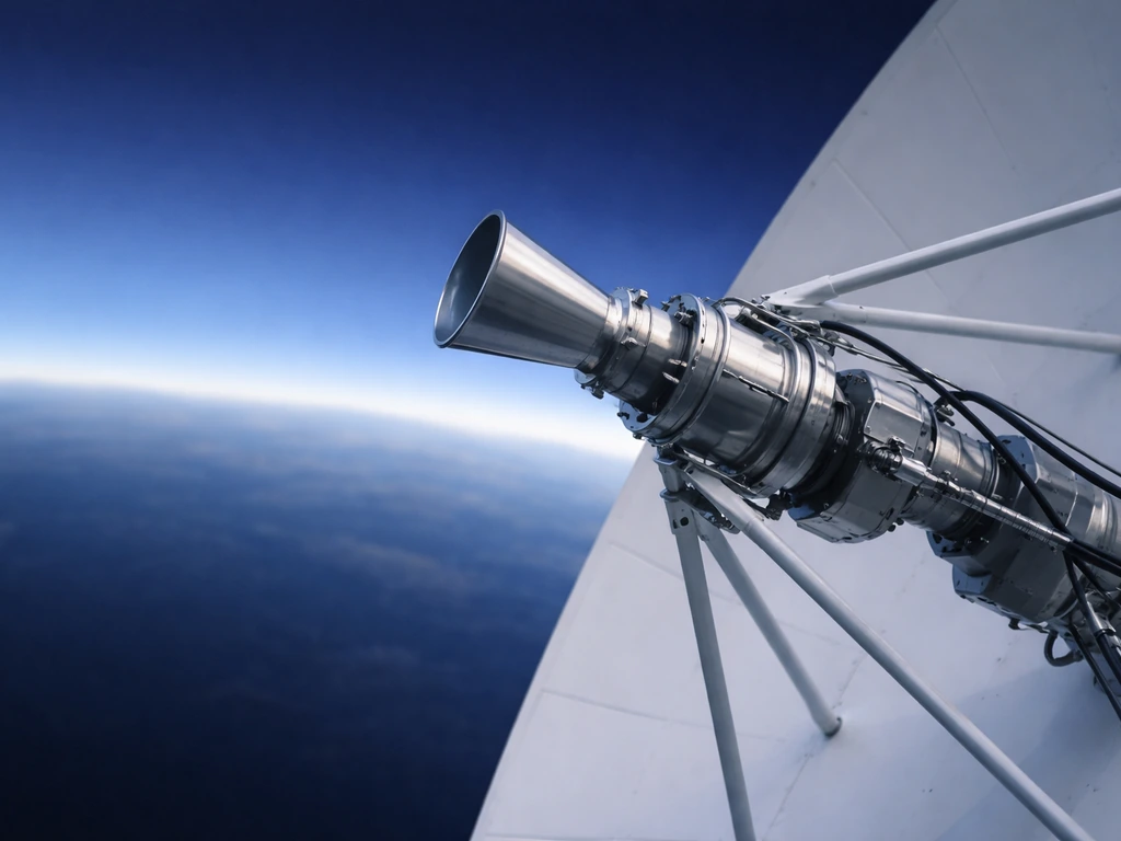 Close-up of satellite dish feedhorn and antenna elements pointed toward a subtle Earth-like horizon in space