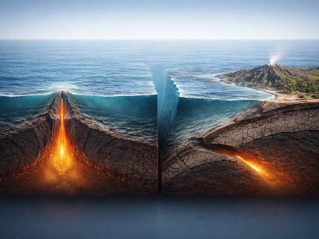 Minimal photorealistic view comparing a mid-ocean ridge and a subduction zone beneath the ocean.