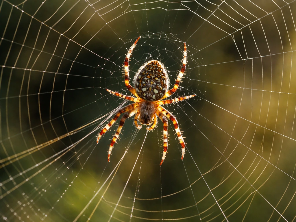Macro view of an orb-weaver spider emerging from silk strands as a fresh web forms.