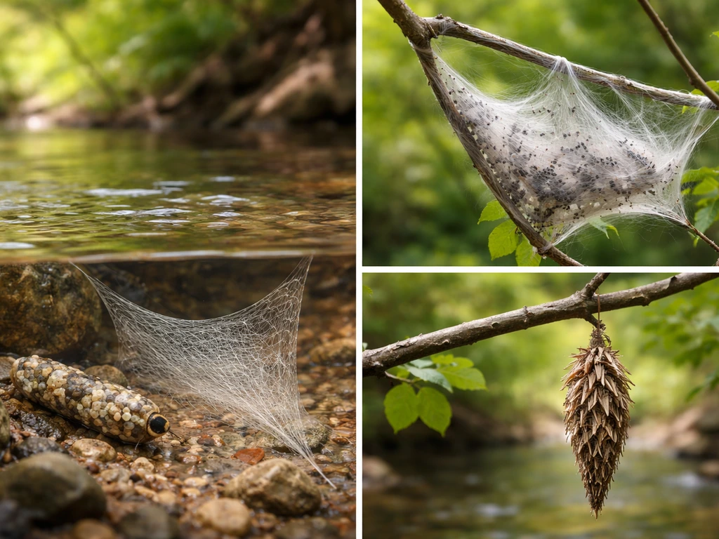 Underwater caddisfly larva net, tent caterpillar silk shelter, and bagworm case on branches in one minimal nature photo