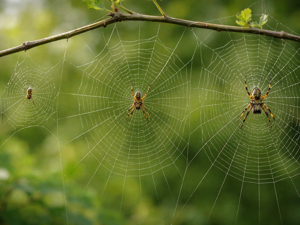 Three growth stages of an orb-weaver on webbing: tiny spiderling, larger subadult, and mature adult with fuller orb