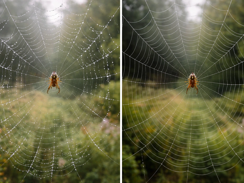 Split scene of similar orb-weaver webs in misty humid vs dry air, showing capture spiral changes.