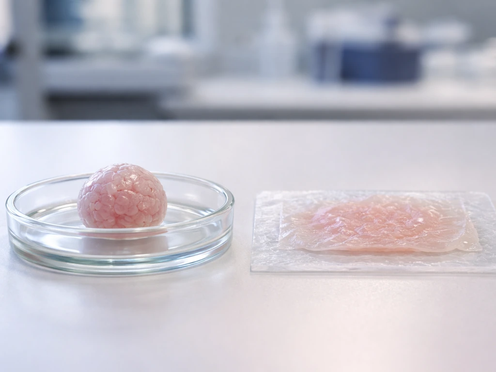 Two lab specimens side-by-side: a 3D organoid cluster and a thin engineered tissue patch on a scaffold.