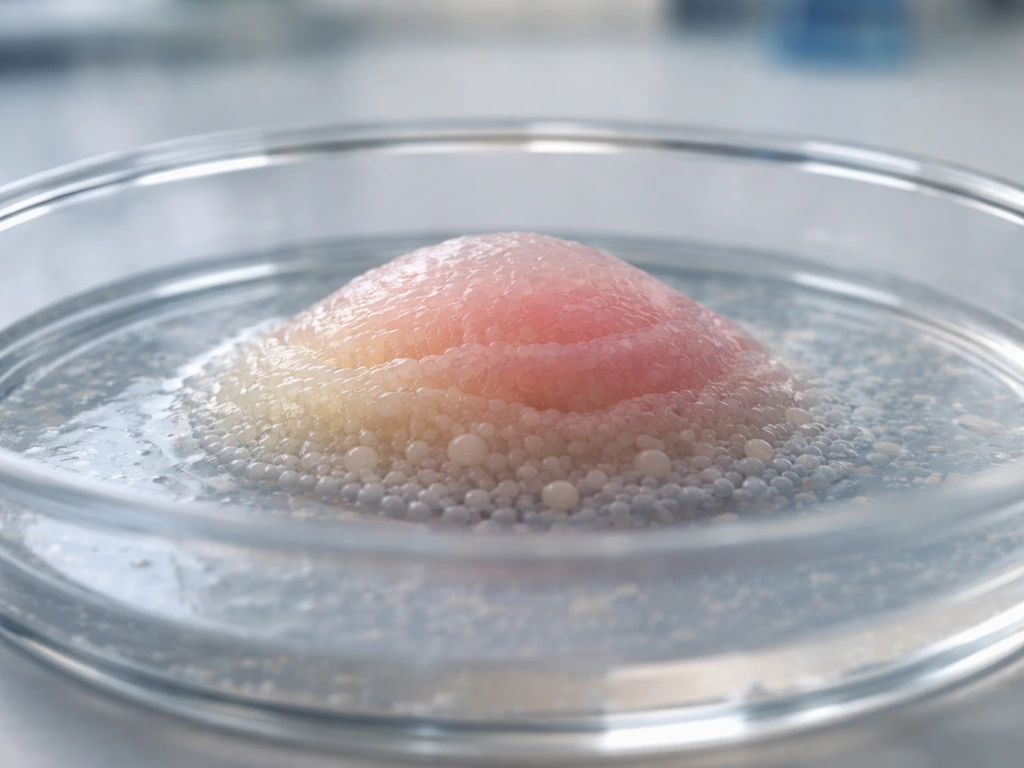 Macro close-up of an organoid-like culture with gently forming layered cell regions in a dish
