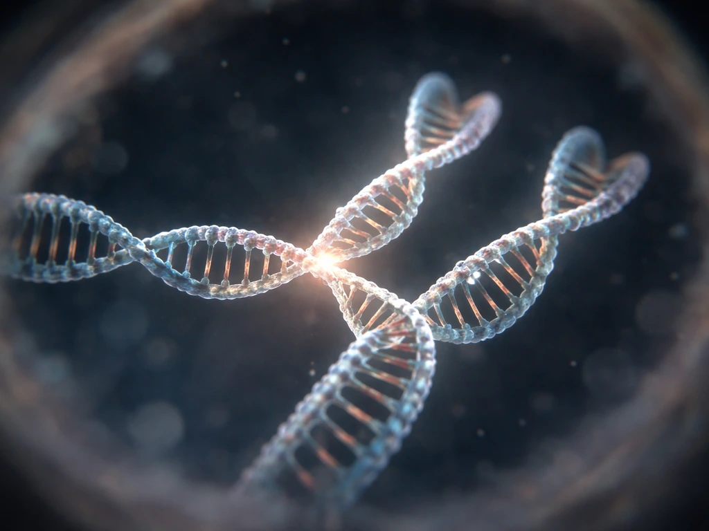 Microscope-like view of DNA strands splitting and being copied, suggesting replication in S phase not mitosis