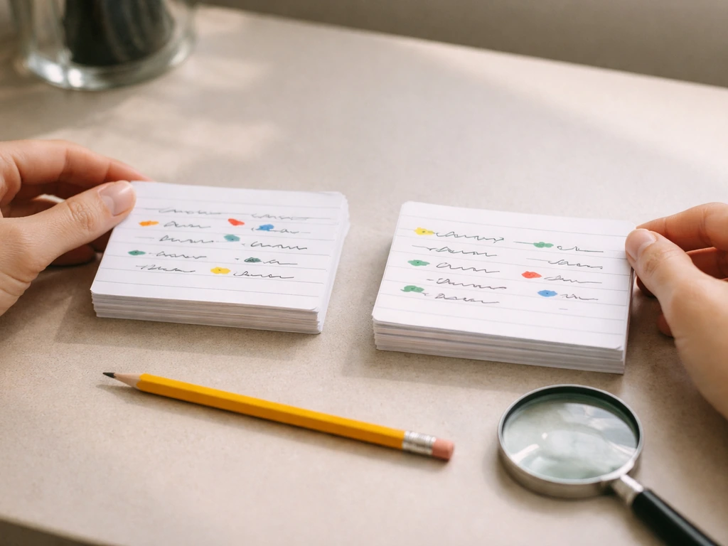 Close-up of a person’s hands sorting index cards labeled with exam misconceptions and correct cell-cycle timing