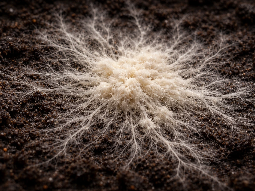 Macro of white mycelium hyphae branching across a dark, moist substrate forming a dense colony.