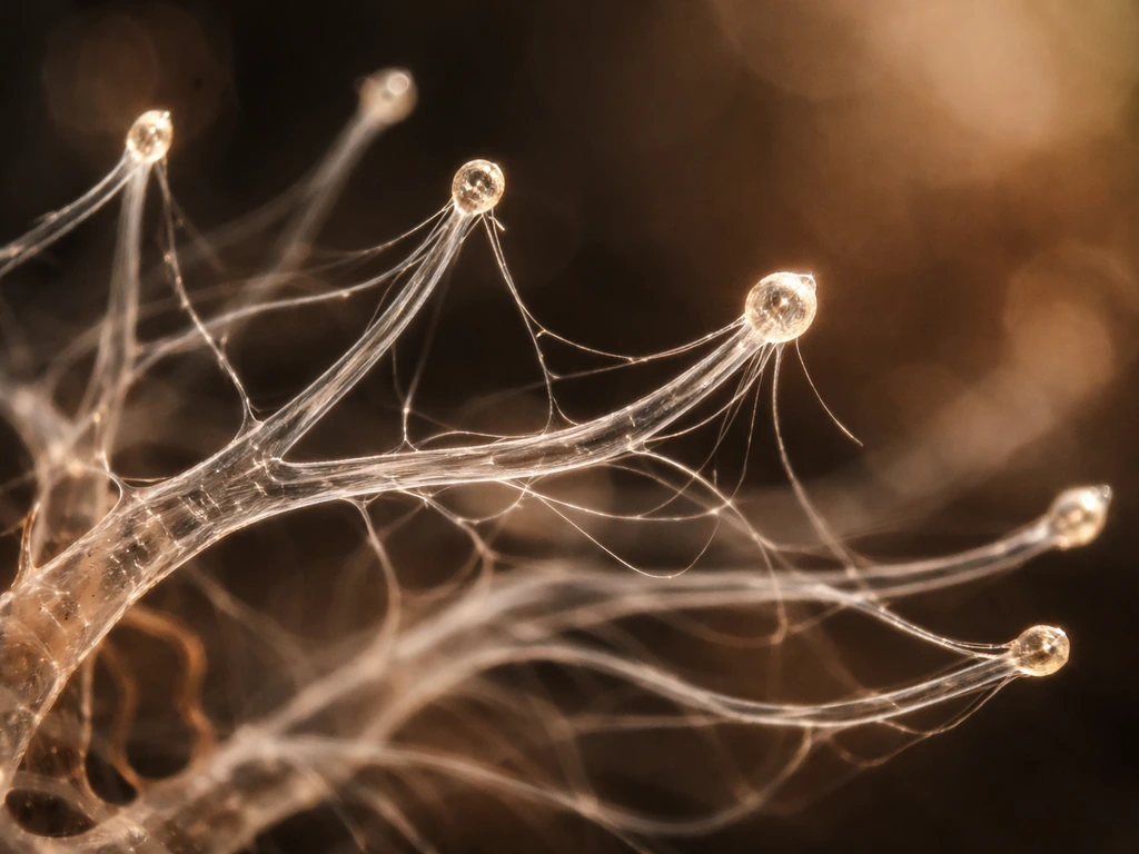 Macro view of fungal hyphae branching at growing tips, forming a delicate network in soft, earthy light.