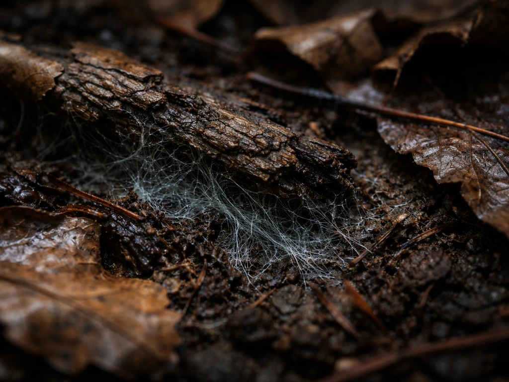 Close-up of decaying wood and leaf litter with subtle threadlike mycelium spread on forest soil