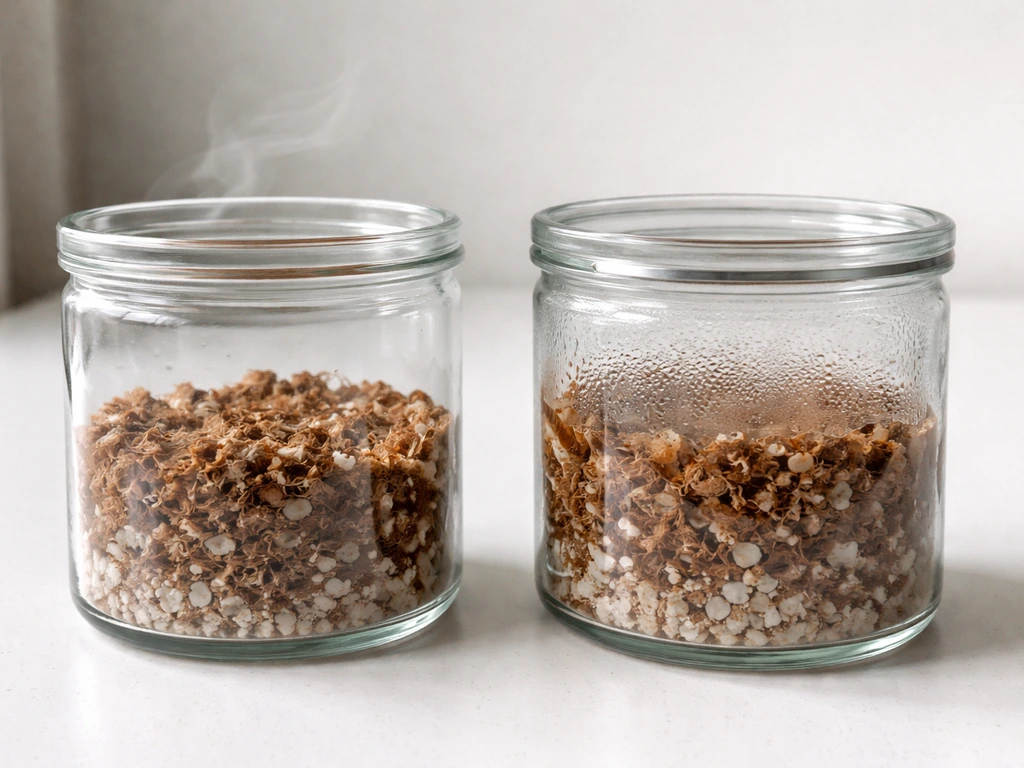 Two clear containers with moist substrate, one ventilated with airflow, one sealed, showing different growth conditions.