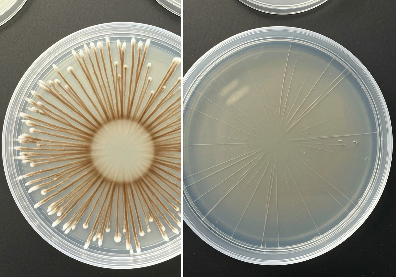 Close-up of two Petri dish views showing fast vs slowed radial mycelium growth on agar.