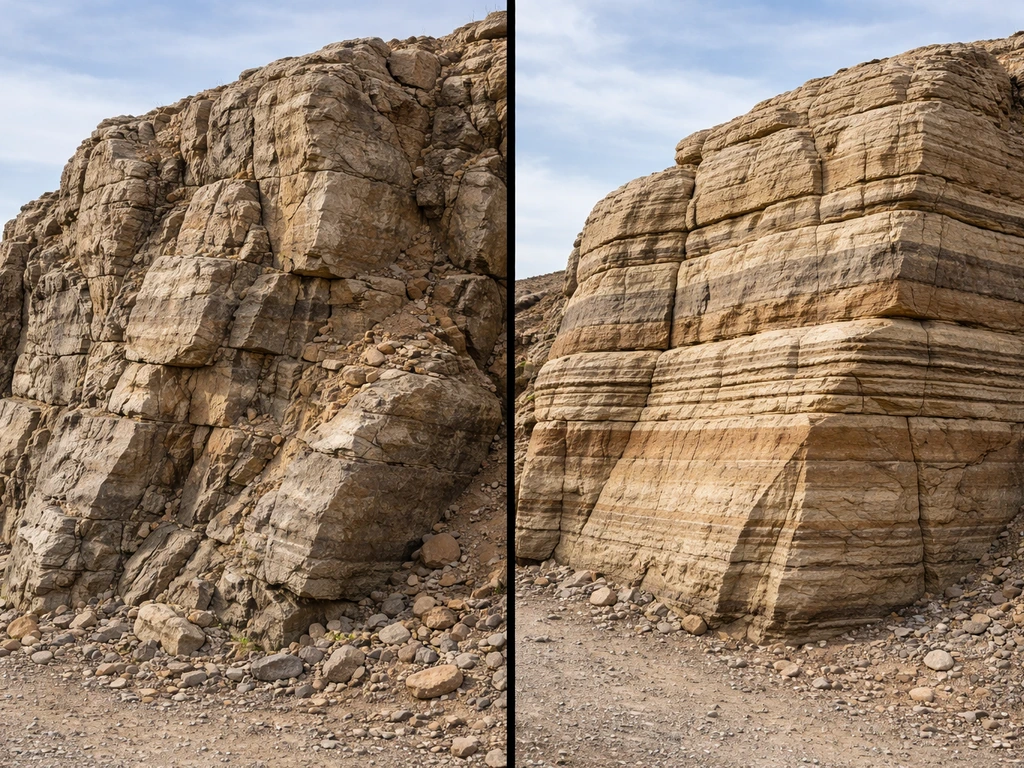 Side-by-side weathered rock on the left and layered, more built-up rock on the right