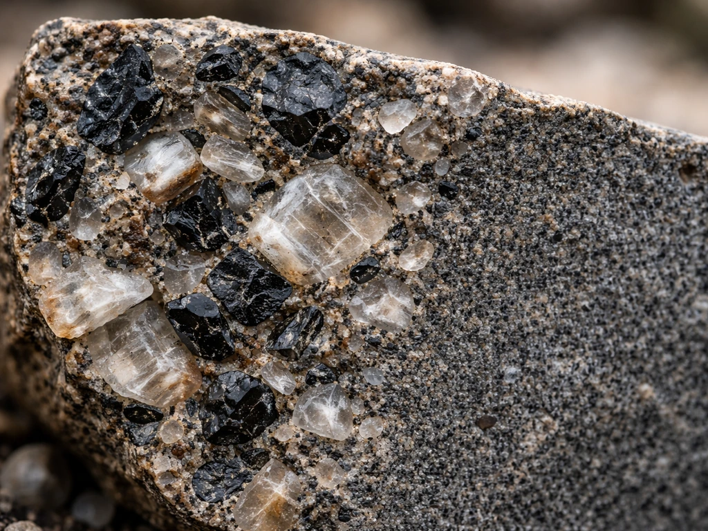 Close-up of an igneous rock cut showing large crystals beside finer-grained texture indicating different cooling rates.
