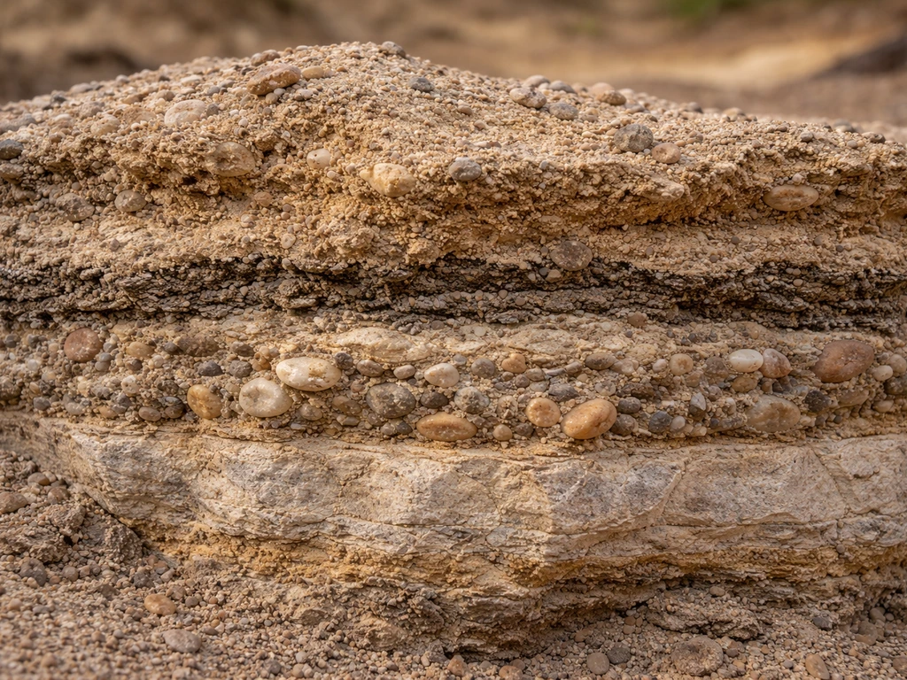 Close-up of layered sediment turning into compacted, cemented rock with visible gritty grains and bands.