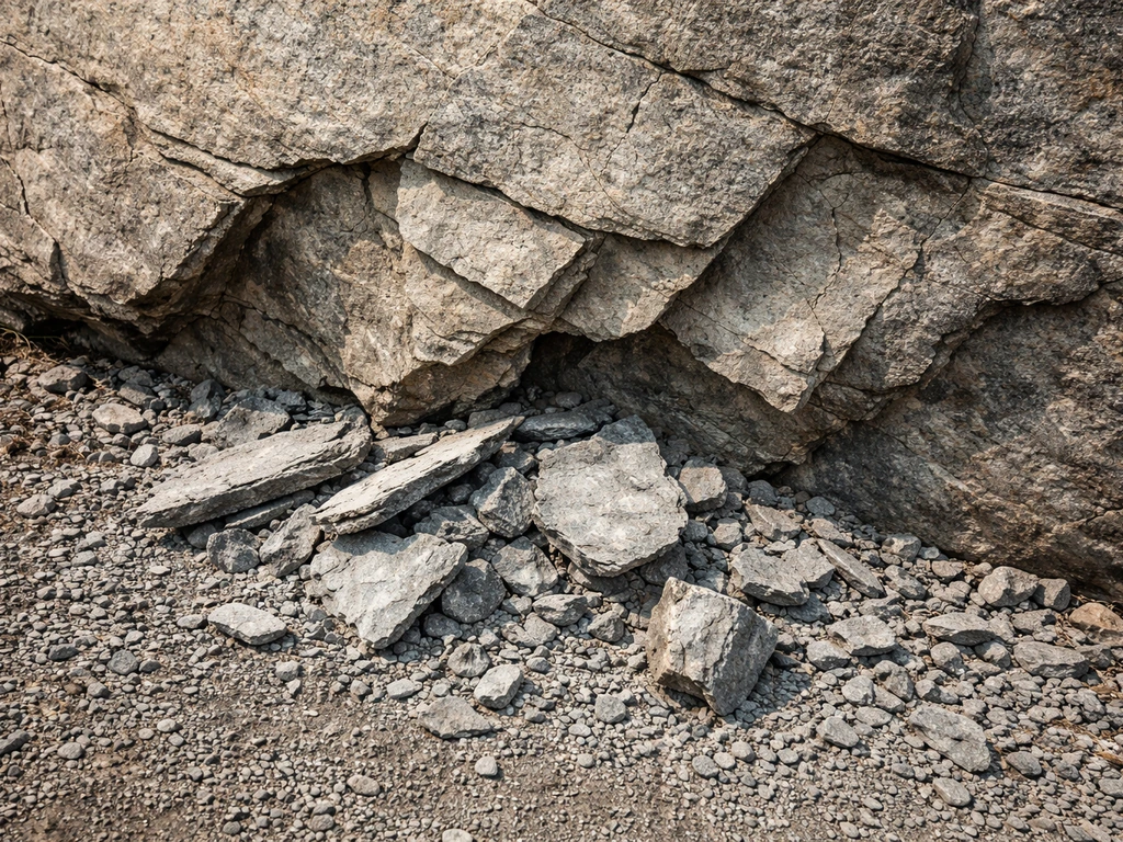 Weathered rock face with exfoliation flakes peeling off and gravel fragments scattered at the base.