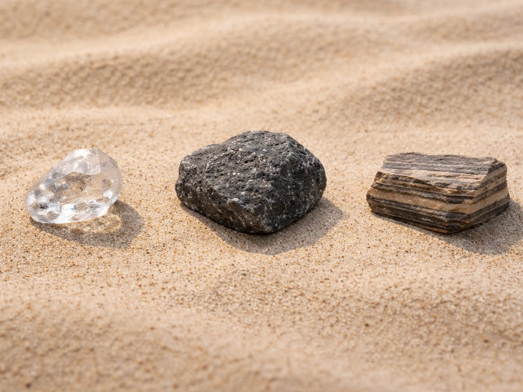 Three mineral specimens on sand: a loose crystal, a rough rock piece, and a small layered formation.