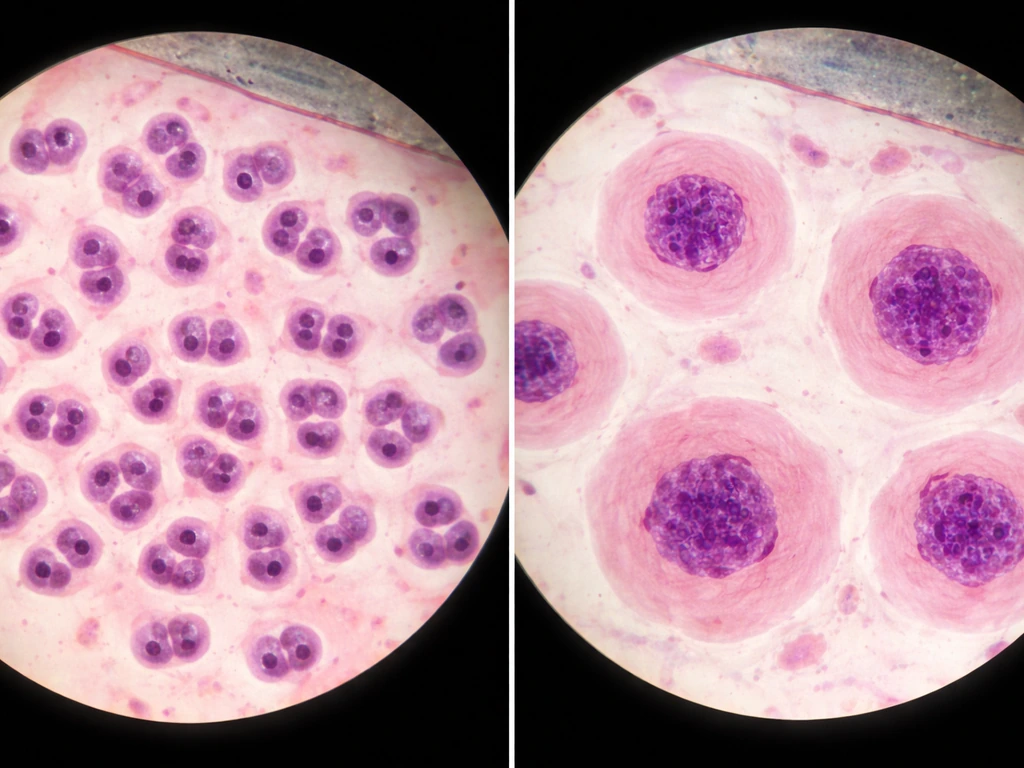 Split close-up before-and-after growth: cell division vs cell enlargement in the same microscope field style.