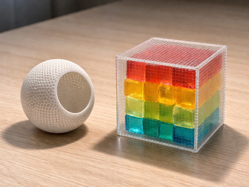 Graphic-like geometry shown physically: sphere vs cube model illustrating surface area to volume constraint for cells.