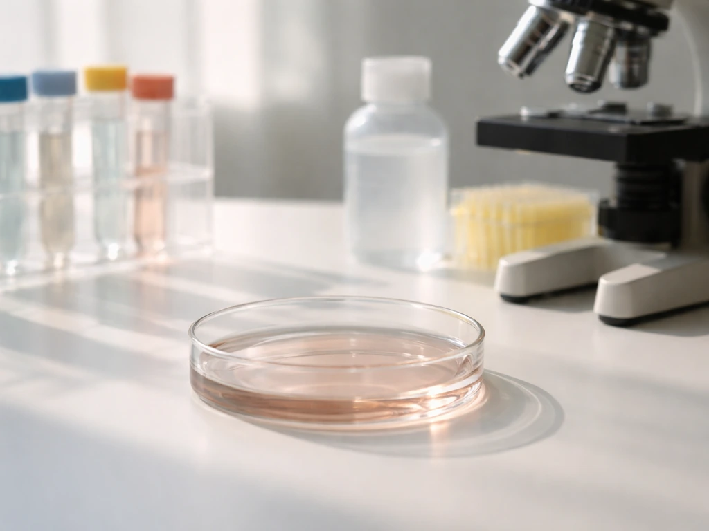 Minimal lab bench with a culture dish, pipettes, and tubes under natural light, suggesting cell growth conditions.