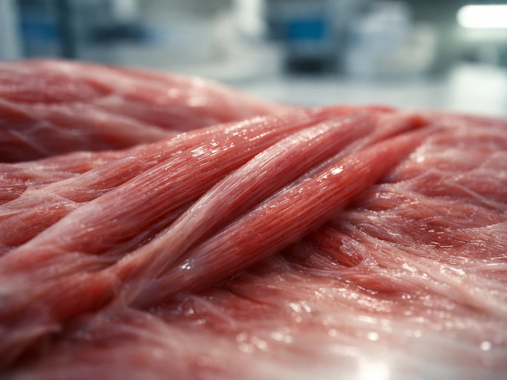 Macro photo of skeletal muscle tissue fibers, emphasizing large long fibers in a simple lab-like setting.
