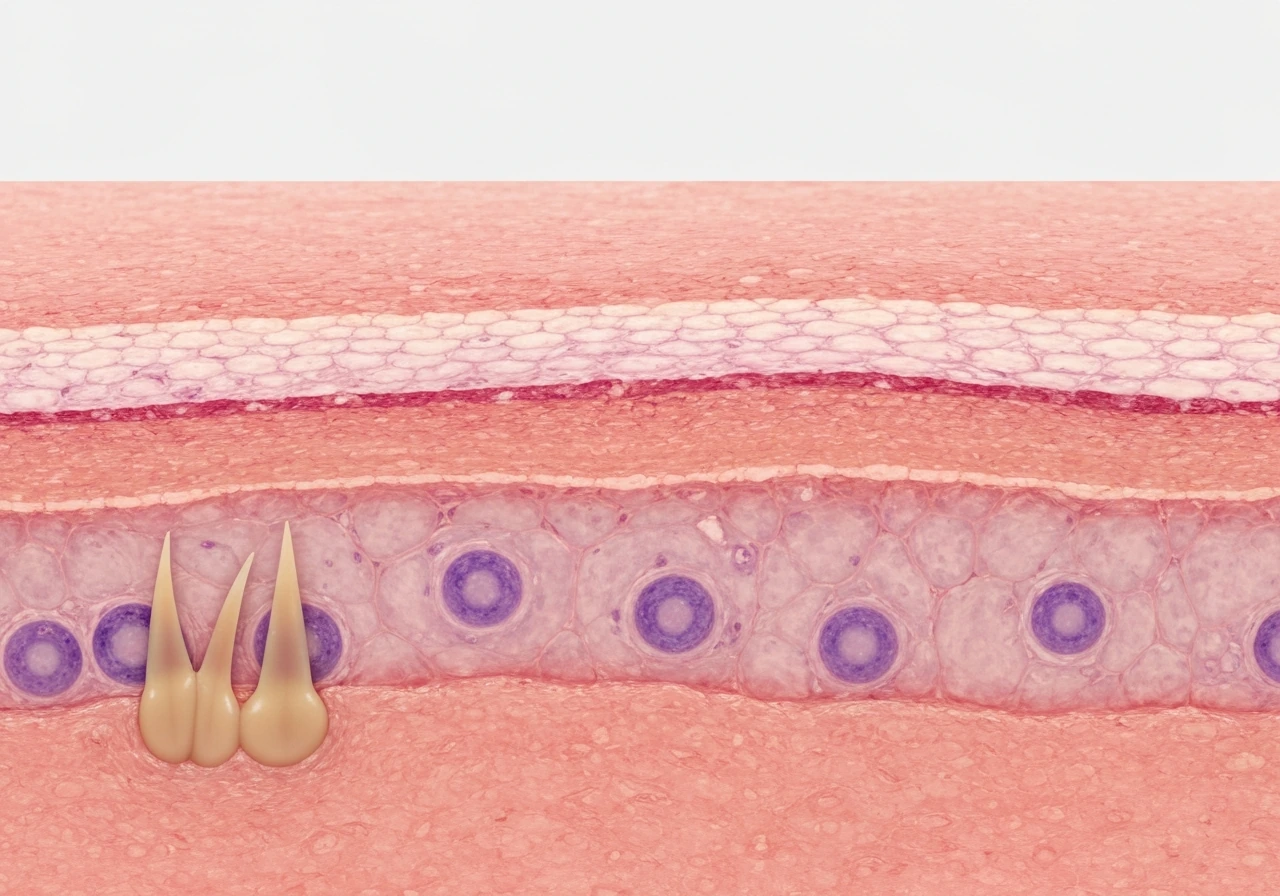 Macro cross-section of skin epidermis with dividing basal keratinocytes and layers above