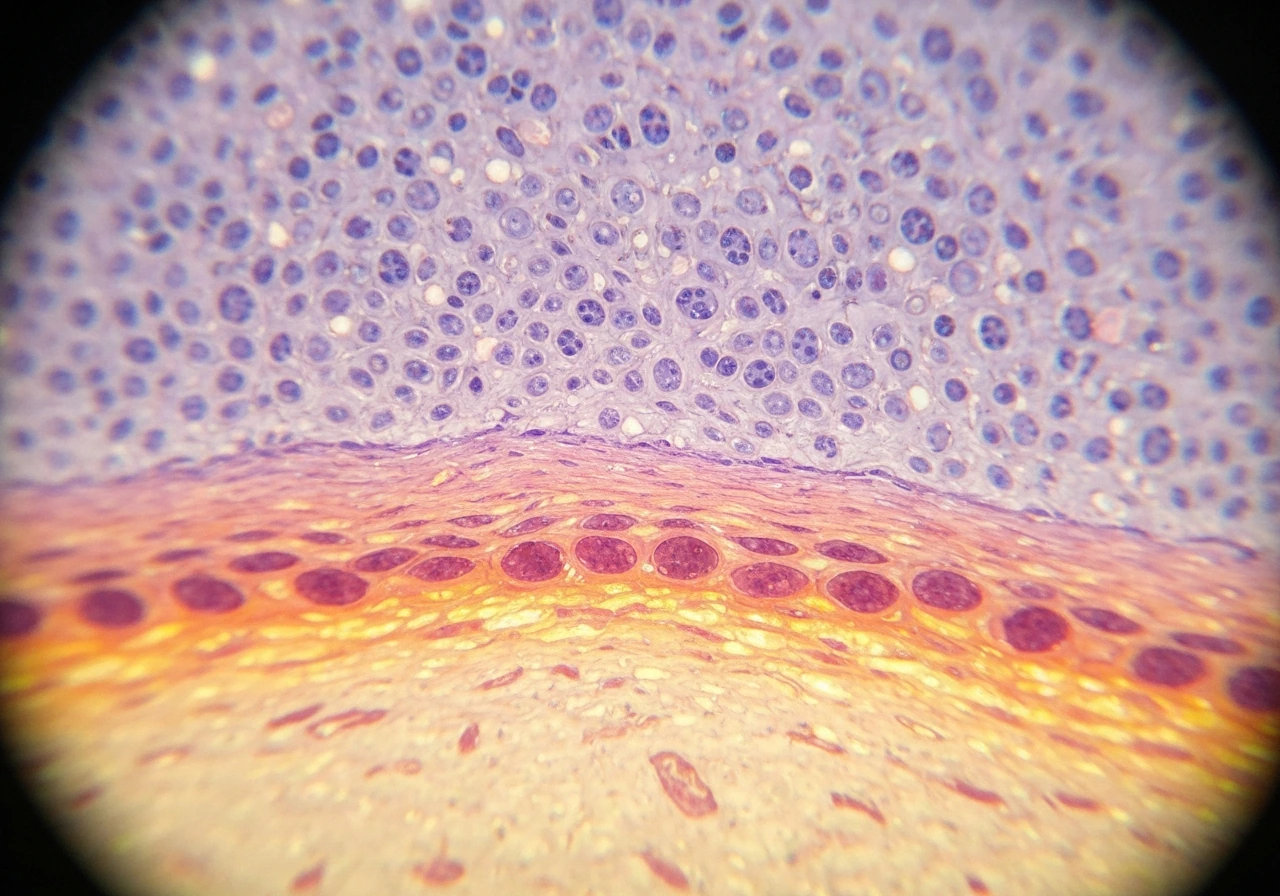 Macro view of skin epidermis cross-section with focus on dividing basal keratinocytes in the stratum basale.