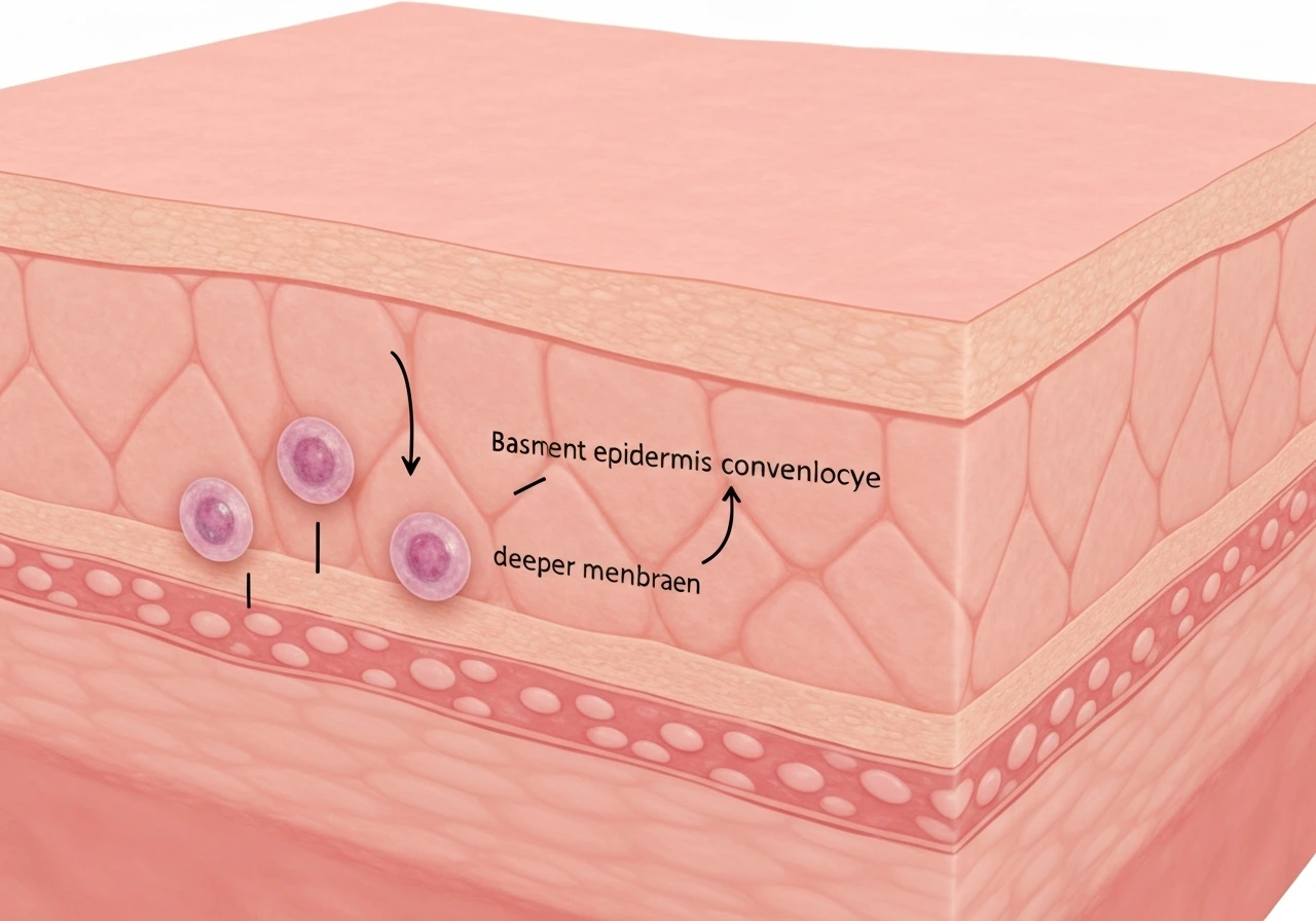 Minimal cross-section skin layers with two dividing cells, one staying deeper and one migrating upward.