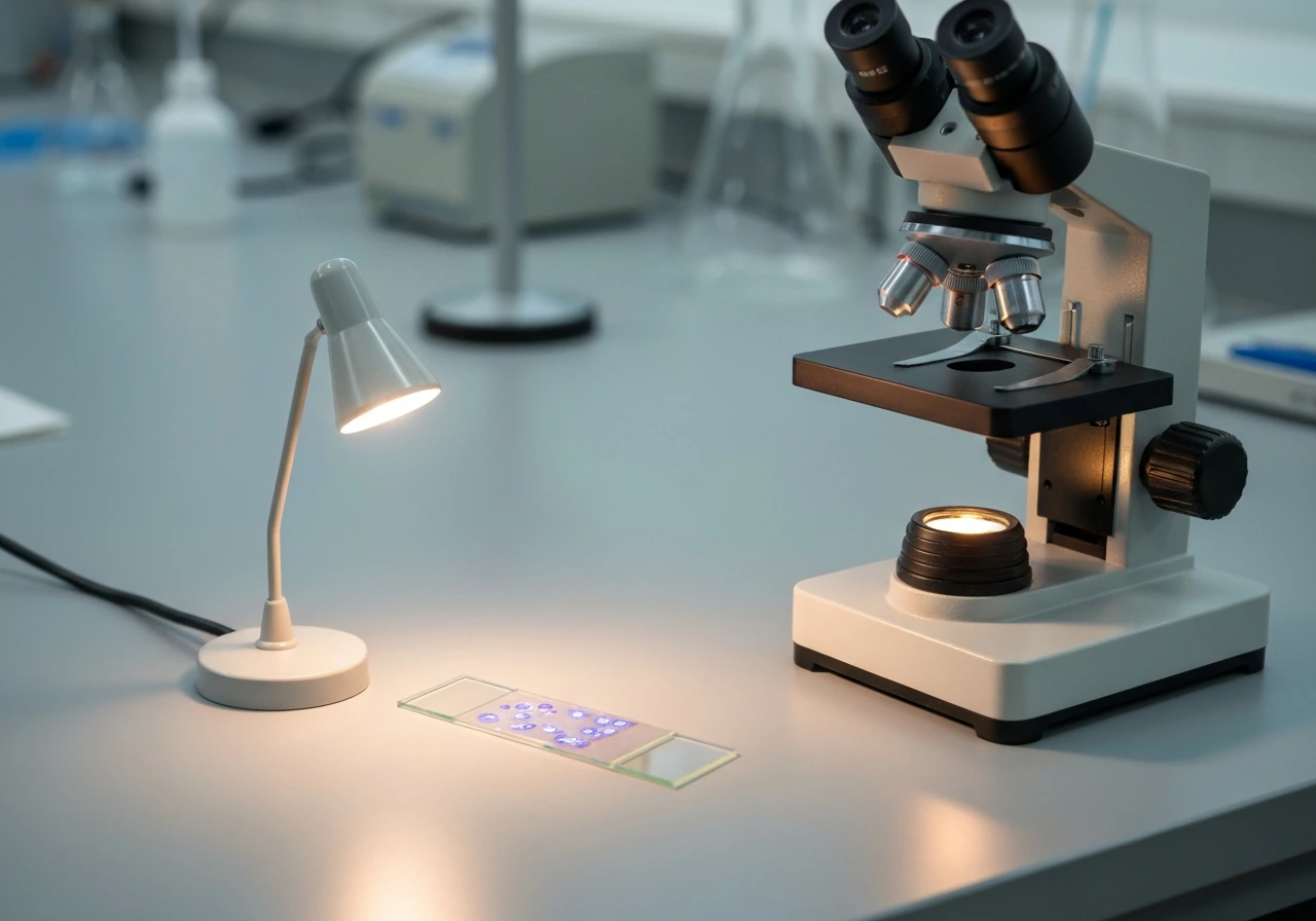 Microscope view with fluorescent-stained tissue slides showing actively dividing cells