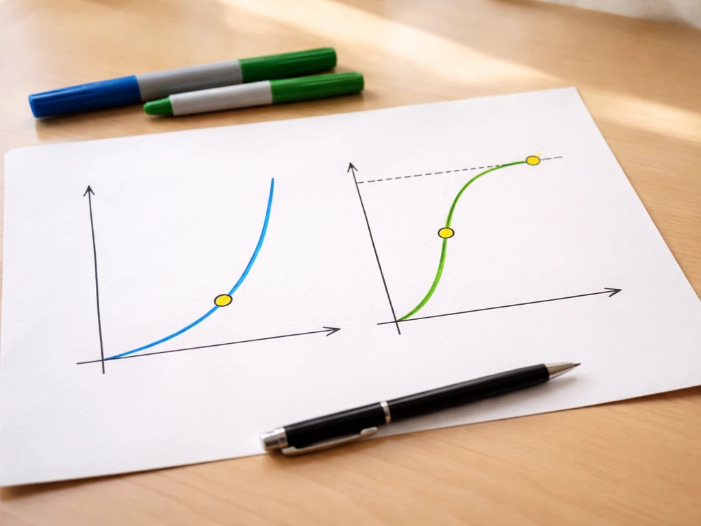 Minimal desk photo showing two colored population growth curve drawings on paper, one J-shaped and one S-shaped.