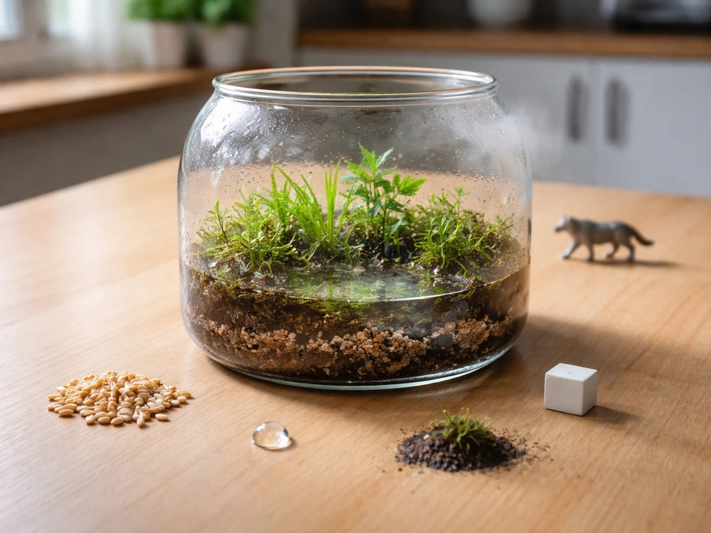 Terrarium on a table with simple objects symbolizing food, water, space, predation, and disease limiting growth.