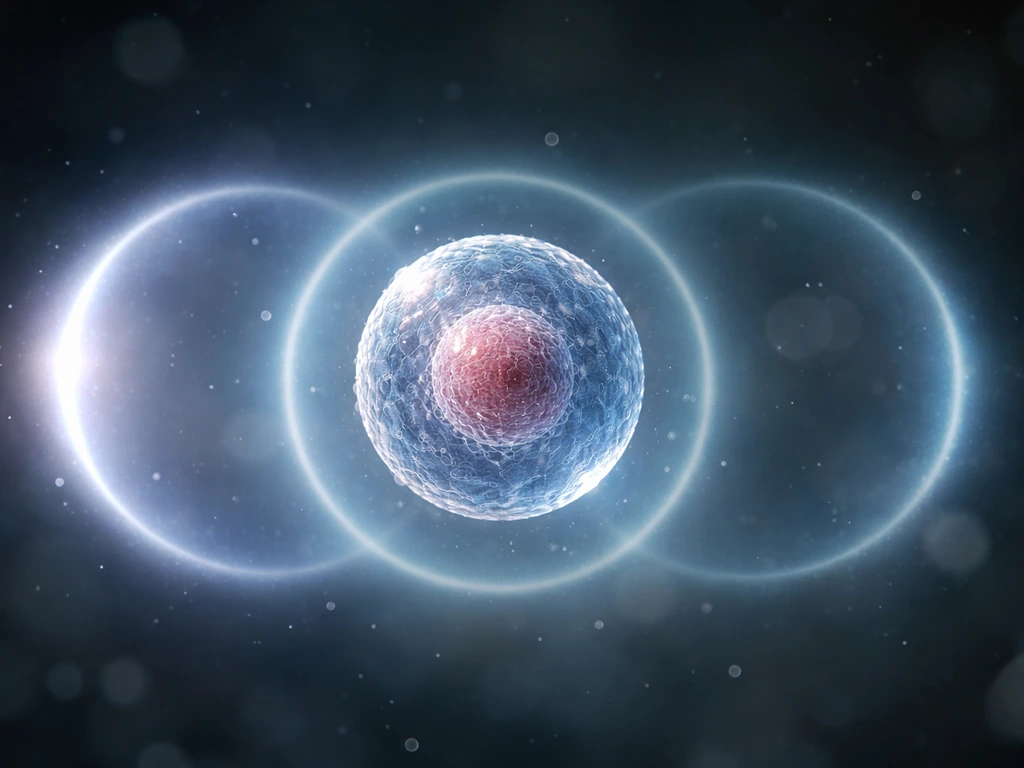 Single cell with brightest glow around G1, lighter halos for S and G2 to show growth in interphase.