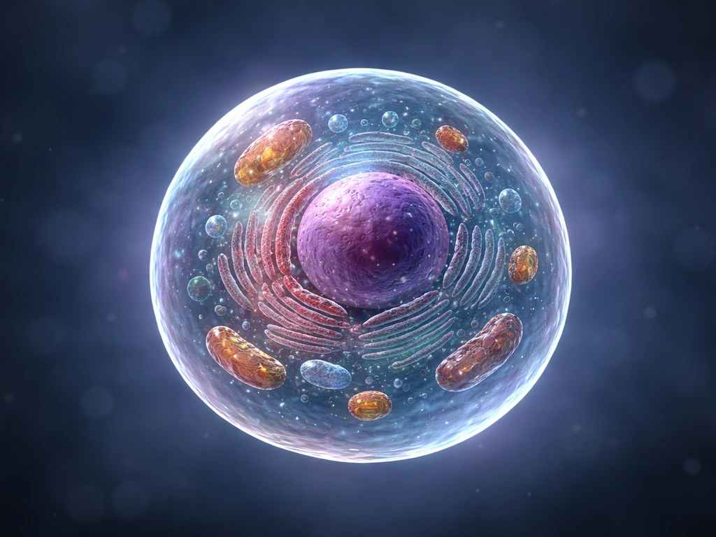 Single animal cell in interphase showing active G1 growth with a clear nucleus and organelles.