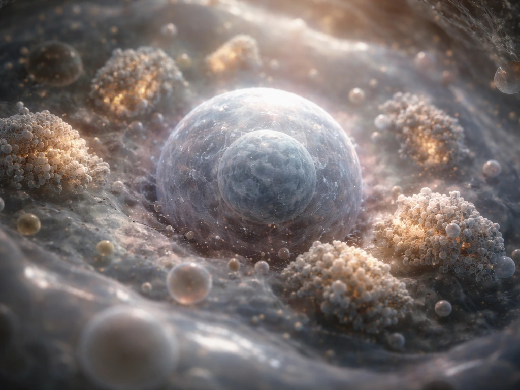 Macro view of a growing cell interior with protein-like particles and accumulating organelle vesicles.