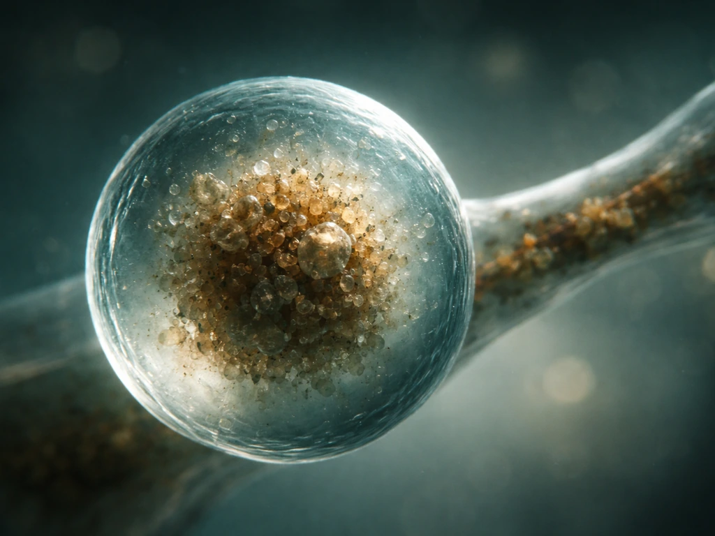 Microscope view of a cell-like structure with trapped waste buildup and a blocked export pathway