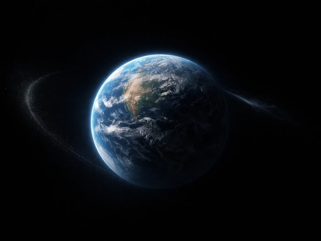 Earth in space with subtle incoming dust arc and faint outgoing escape plume around the globe.