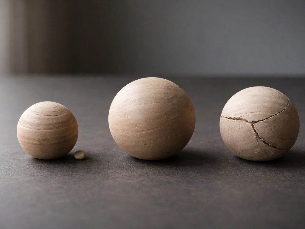 Three simple clay Earth-like spheres show added mass, bigger size, and changed shape in one minimal scene.