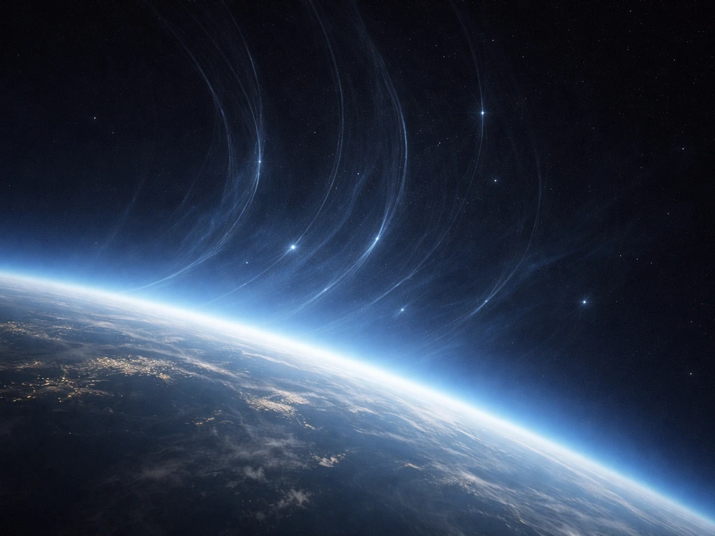 Earth’s upper atmosphere with faint ions and hydrogen gas streaming outward into space along curved paths.